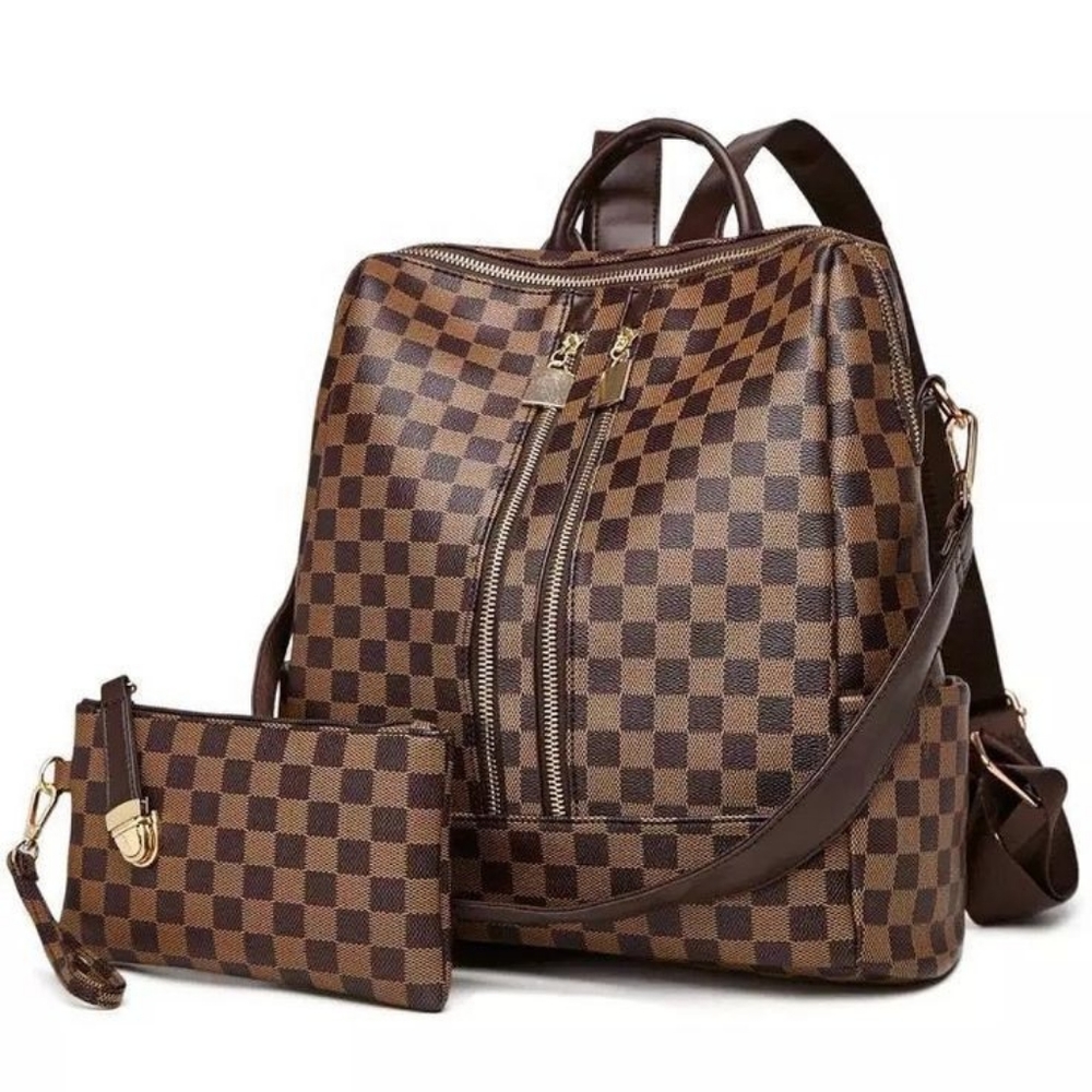 Checkered backpack and pouch